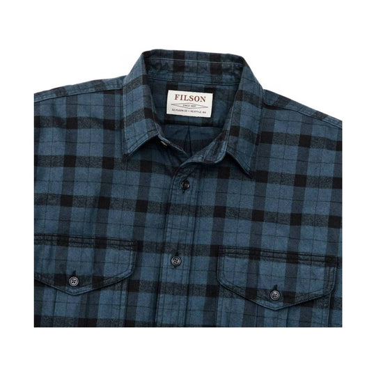 Blue-and-black plaid button-up shirt with a collar and chest flap pockets, shown flat