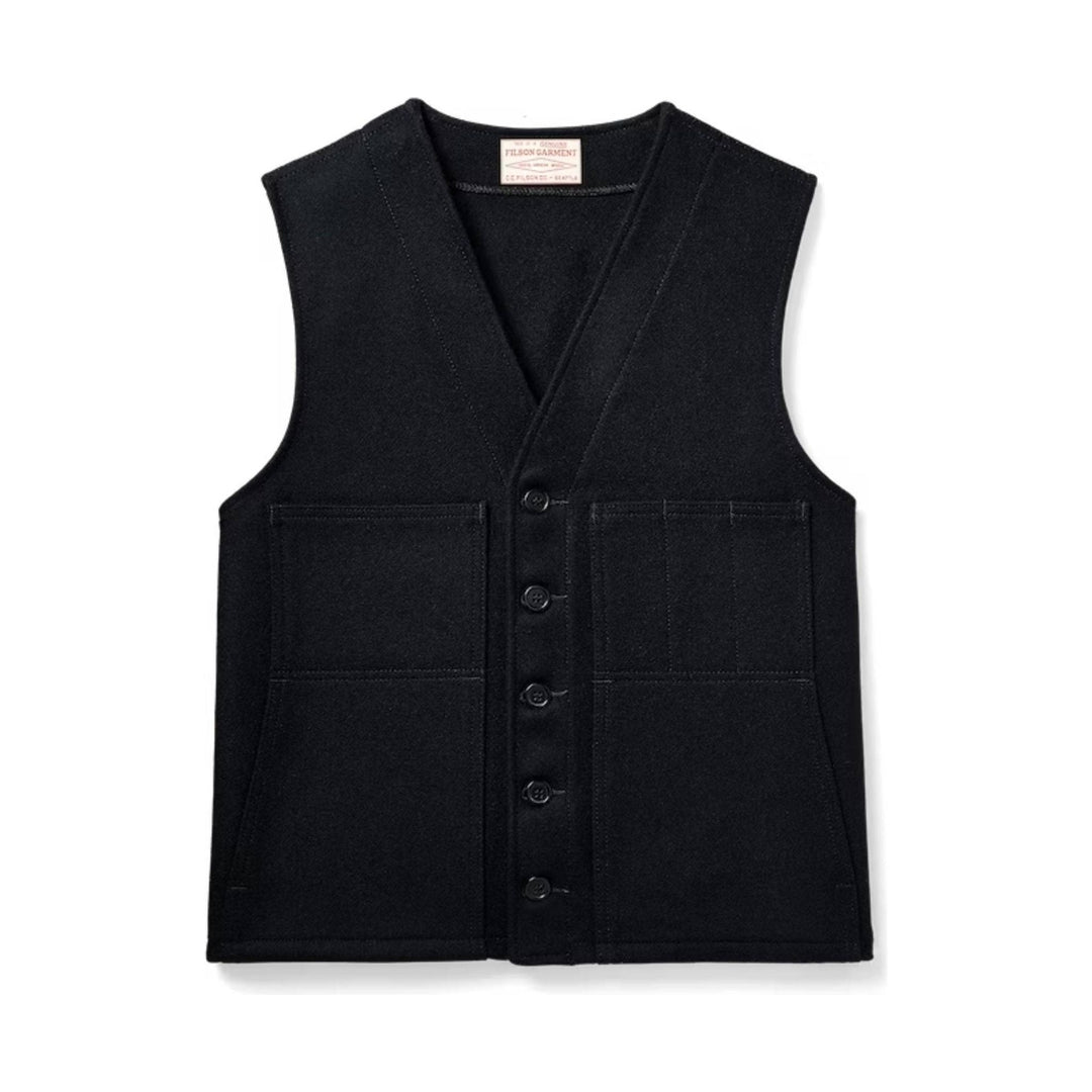 Black wool button-front vest with large front patch pockets