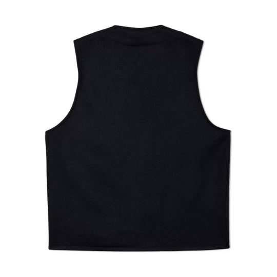 Black sleeveless wool vest shown from the back on a white background