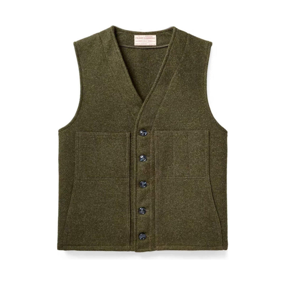 Olive wool button-front vest with V-neck and four front pockets