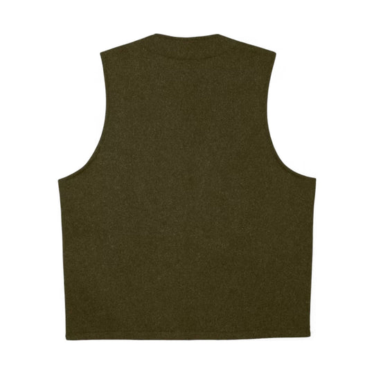 Dark olive wool vest shown front view with a high collar and straight hem