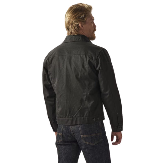 Black collared jacket shown from the back, with button cuffs and hip-length hem