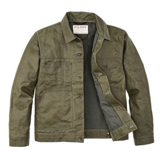 Olive green button-front chore jacket with flap pockets and visible FILSON label