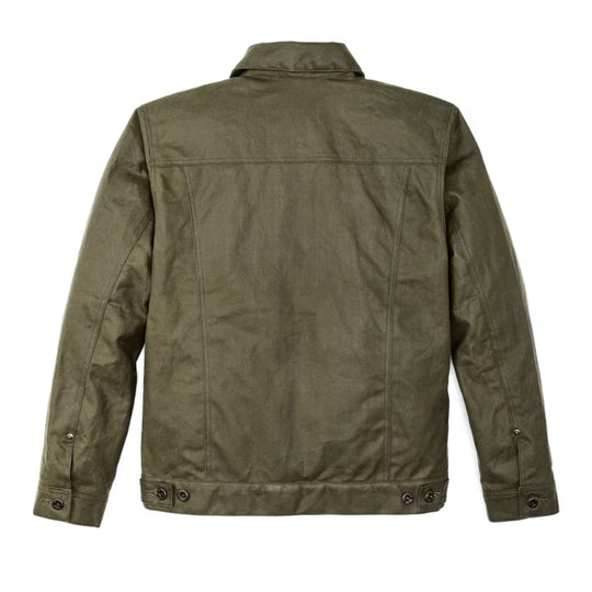 Olive green jacket shown from the back with a high collar, long sleeves, and snap cuffs