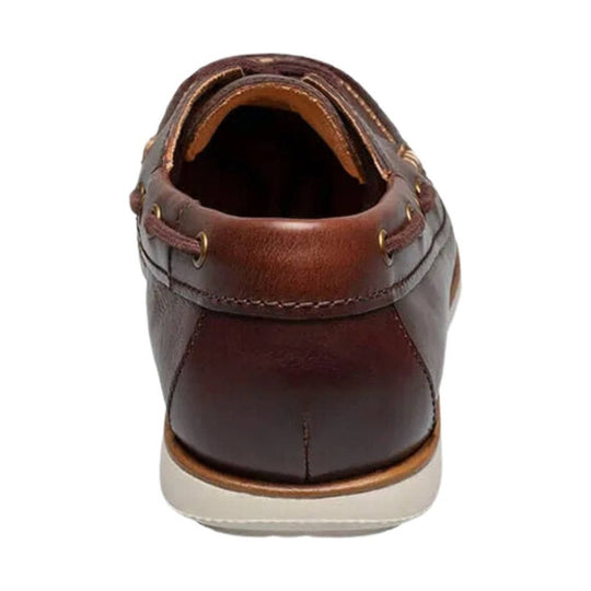 Brown leather boat shoe shown from the back