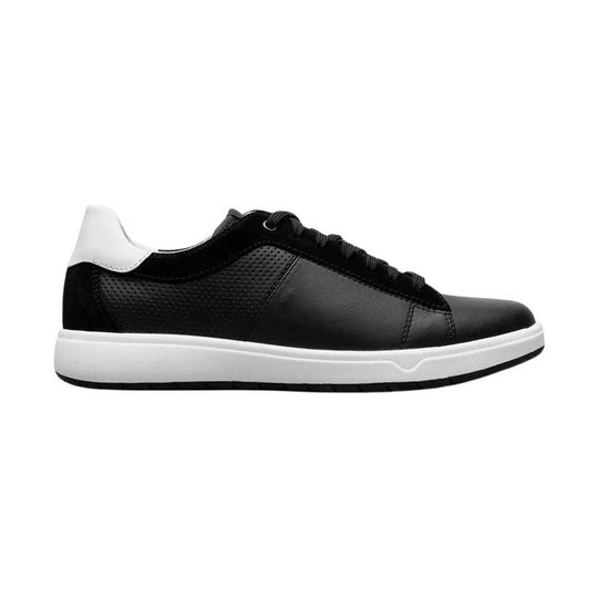 Black low-top sneaker with white heel tab and white sole, shown in side view