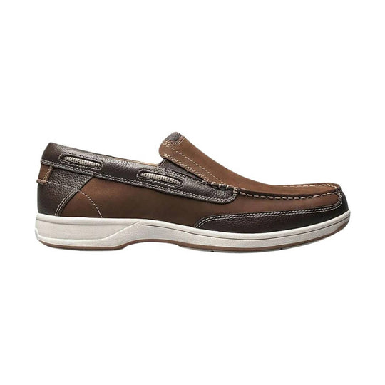 Brown leather slip-on loafer with white sole and contrast stitching, side view