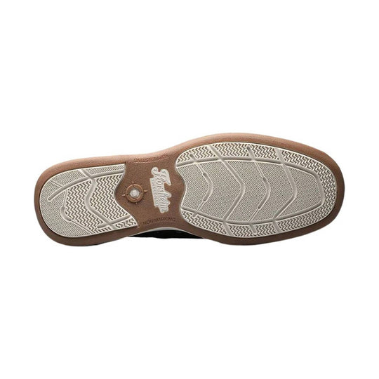 Brown and cream shoe outsole with zigzag tread and Thorogood branding