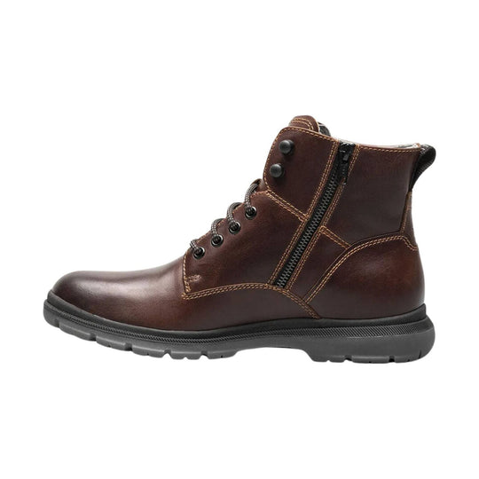 Brown leather lace-up ankle boot with side zipper and thick rubber sole