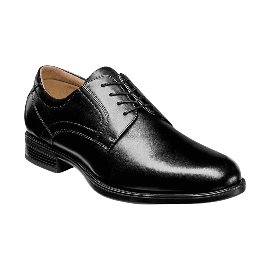 Black lace-up dress shoe with a smooth leather finish and low stacked heel