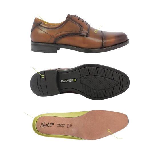 Brown leather lace-up oxford shown in side, sole, and insole views