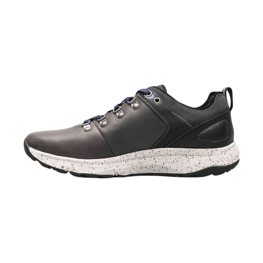 Gray and black lace-up sneaker with a speckled white sole and pull tab