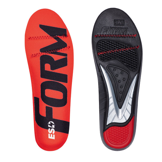 Red and black replacement insoles shown front and back, with FORM and forminsoles.com printed on the black side.