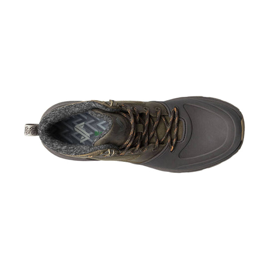 Brown and olive winter hiking boot with bungee laces and thick rubber toe cap, top view