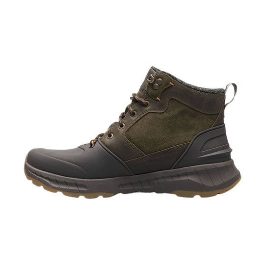 Brown and black mid-height winter boot with lace-up front, rubber shell toe, and pull loop