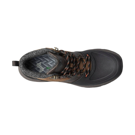 Dark brown and black mid hiking boot with bungee laces and a rugged rubber toe cap, top view