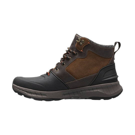 Brown and black mid-height winter hiking boot with lace-up front, rugged sole, and pull tab