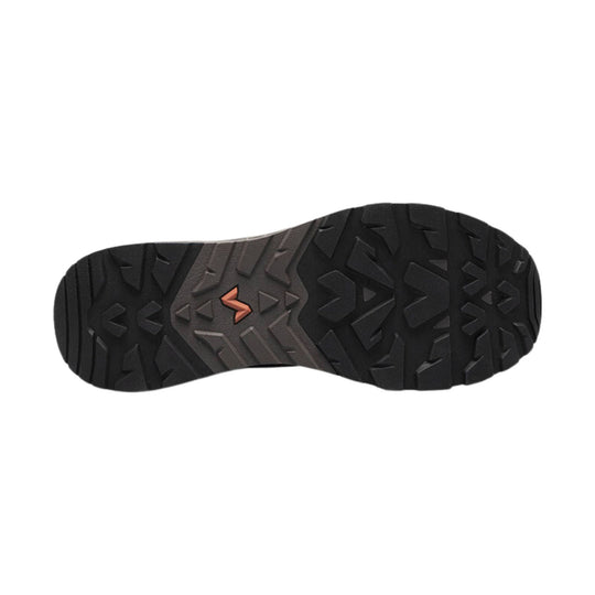 Black rugged boot outsole with deep tread and a small orange logo in the center