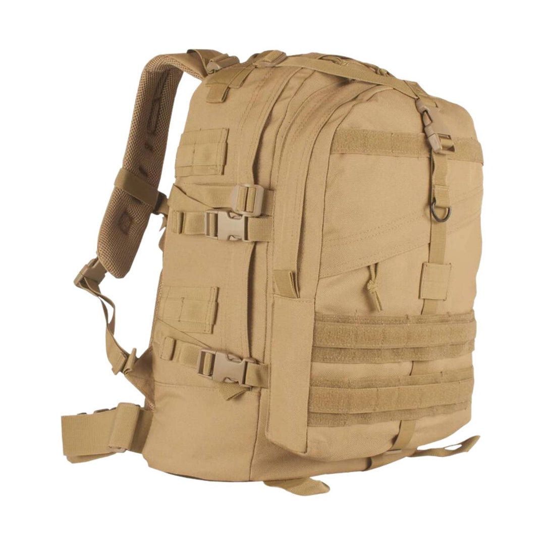 Tan tactical backpack with padded straps, multiple front pockets, and side compression straps
