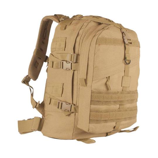 Tan tactical backpack with padded straps, multiple front pockets, and side compression straps
