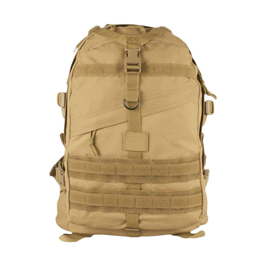 Tan tactical backpack with front buckle, MOLLE webbing, and multiple straps