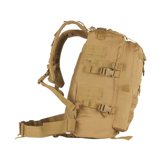 Tan tactical backpack with padded mesh shoulder straps, side compression straps, and front MOLLE webbing
