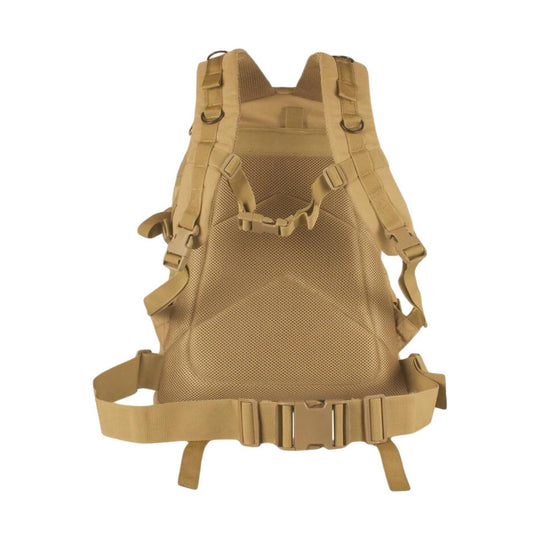 Tan tactical backpack with padded shoulder straps, mesh back panel, and waist belt