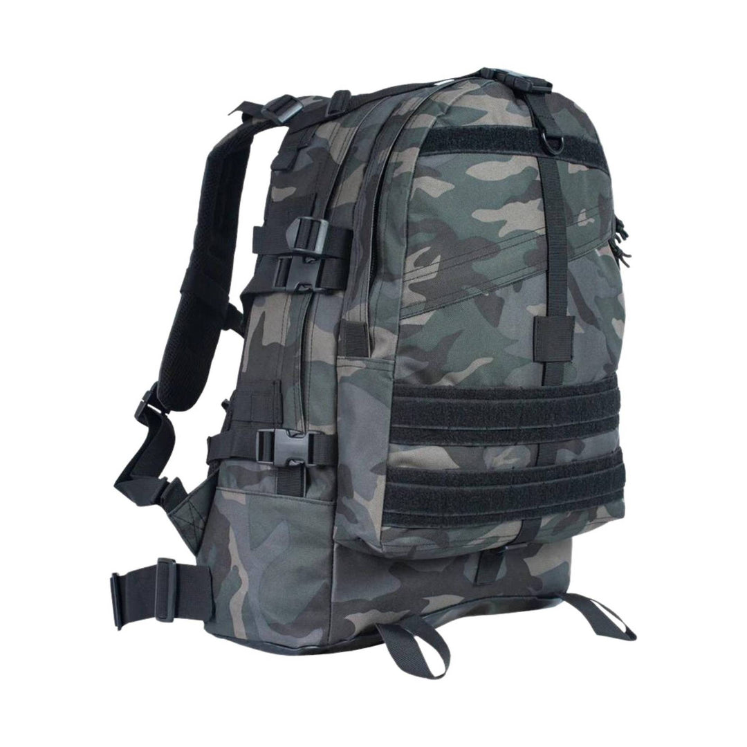 Camo tactical backpack with padded shoulder straps, side compression buckles, and front webbing panels