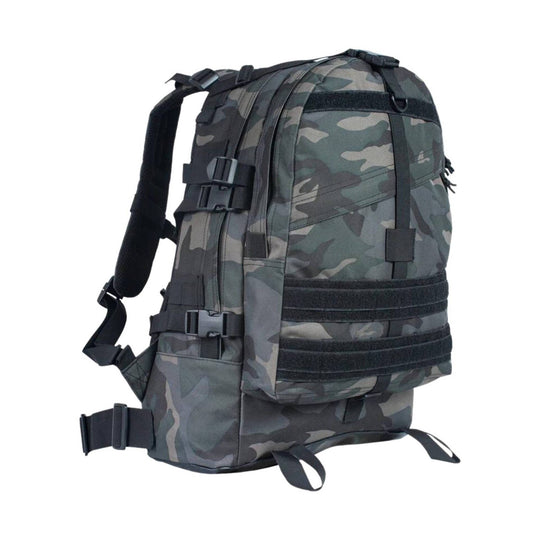 Camo tactical backpack with padded shoulder straps, side compression buckles, and front webbing panels
