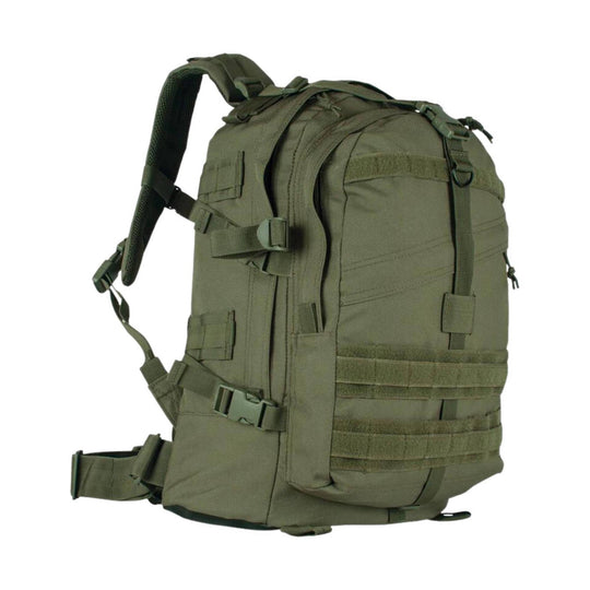 Olive tactical-style backpack with padded shoulder straps, multiple exterior straps, and MOLLE webbing