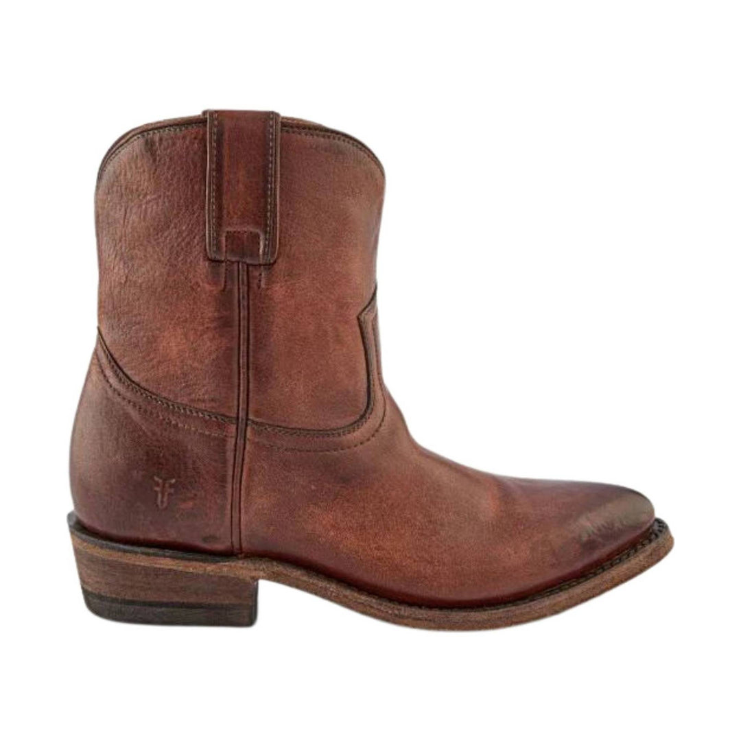 Brown leather western boot in side view with a low stacked heel