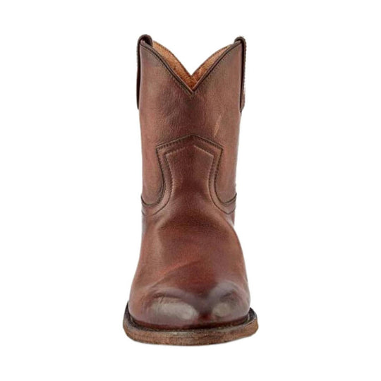 Brown leather cowboy boot shown from the back