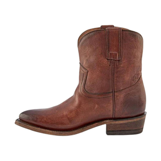 Brown leather western boot with a low heel and pull tab