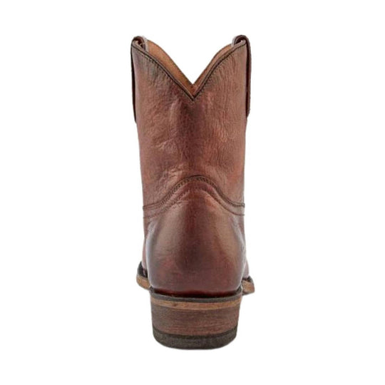 Brown leather western boot shown from the back with a V-shaped top and stacked heel