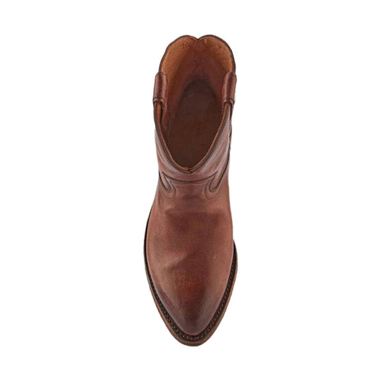 Brown leather Western ankle boot with pointed toe, top-down view
