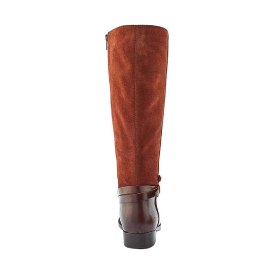 Tall brown leather boot with a suede shaft and dark heel, shown from the back