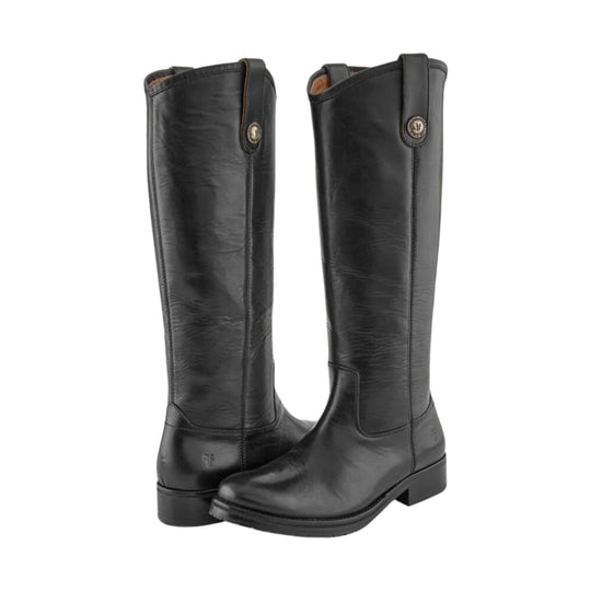 Tall black leather riding boots with low heels and side pull tabs, shown in a pair