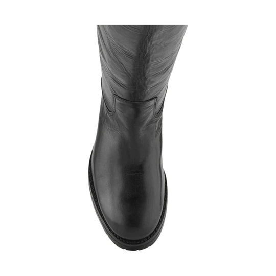 Black leather pull-on boot shown from above, with rounded toe and stitched shaft detail