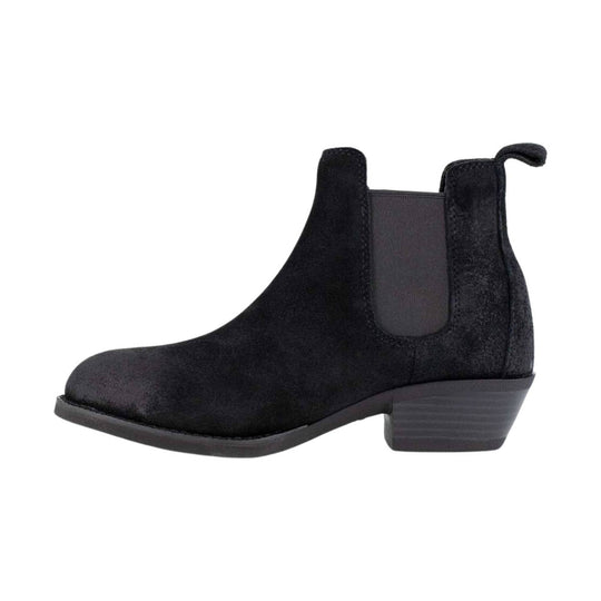 Black suede Chelsea ankle boot with side elastic panels and a low block heel