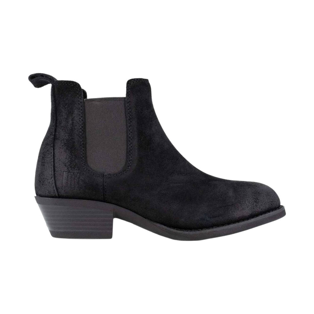 Black Chelsea ankle boot with elastic side panel and pull tab, side view