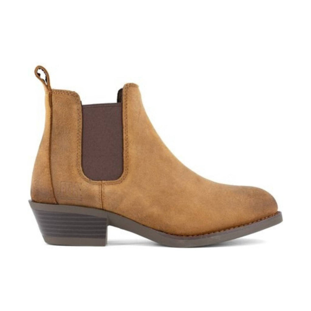Tan suede Chelsea ankle boot with brown elastic side panel and low stacked heel