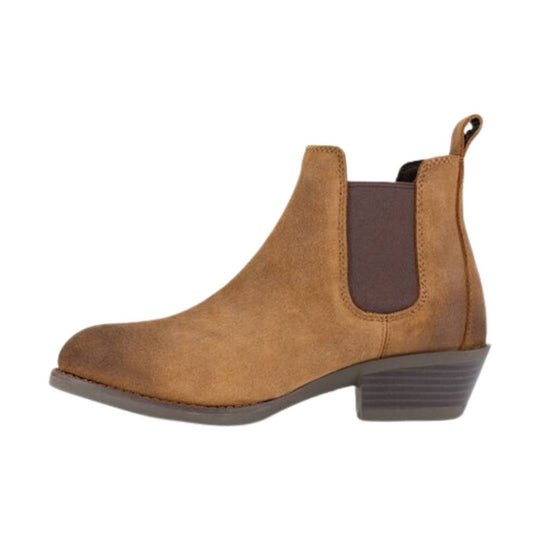 Tan suede Chelsea ankle boot with dark elastic side panels and a low stacked heel
