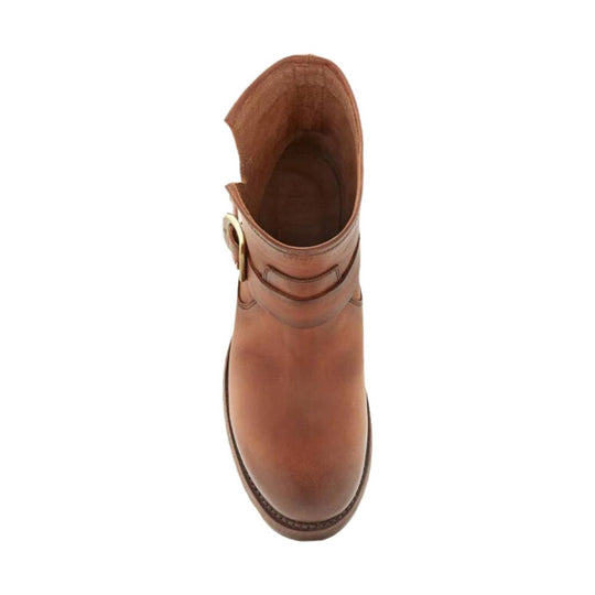 Brown leather ankle boot with side buckle, shown from above