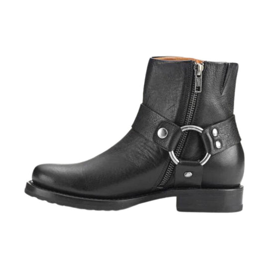 Black ankle boot with side zipper, metal ring harness, and low block heel