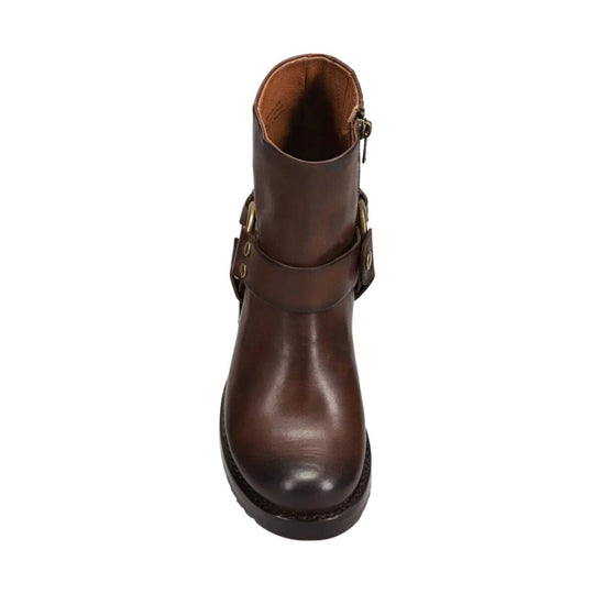 Brown leather ankle boot with front strap, side buckle, and zipper detail, shown from the front