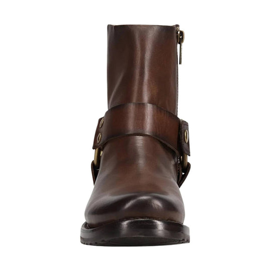Brown leather ankle boot with harness strap, side zipper, and round toe