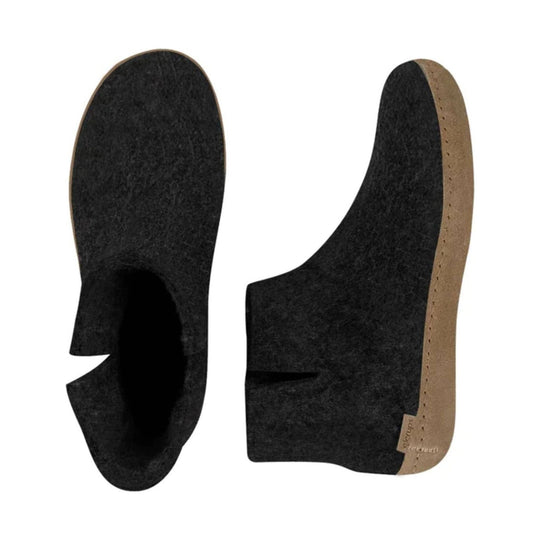 Black felt boot-style slippers with tan leather soles, shown from top and side views