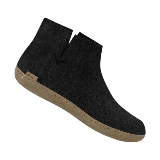 Black ankle-high felt bootie with a tan leather sole