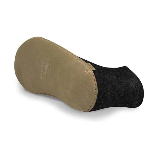 Tan leather-soled slipper with black felt upper, shown from the underside