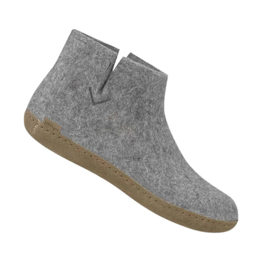 Gray felt ankle boot with tan leather sole and elastic side opening